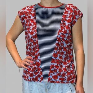 Red Floral and Striped Women's Blouse Medium